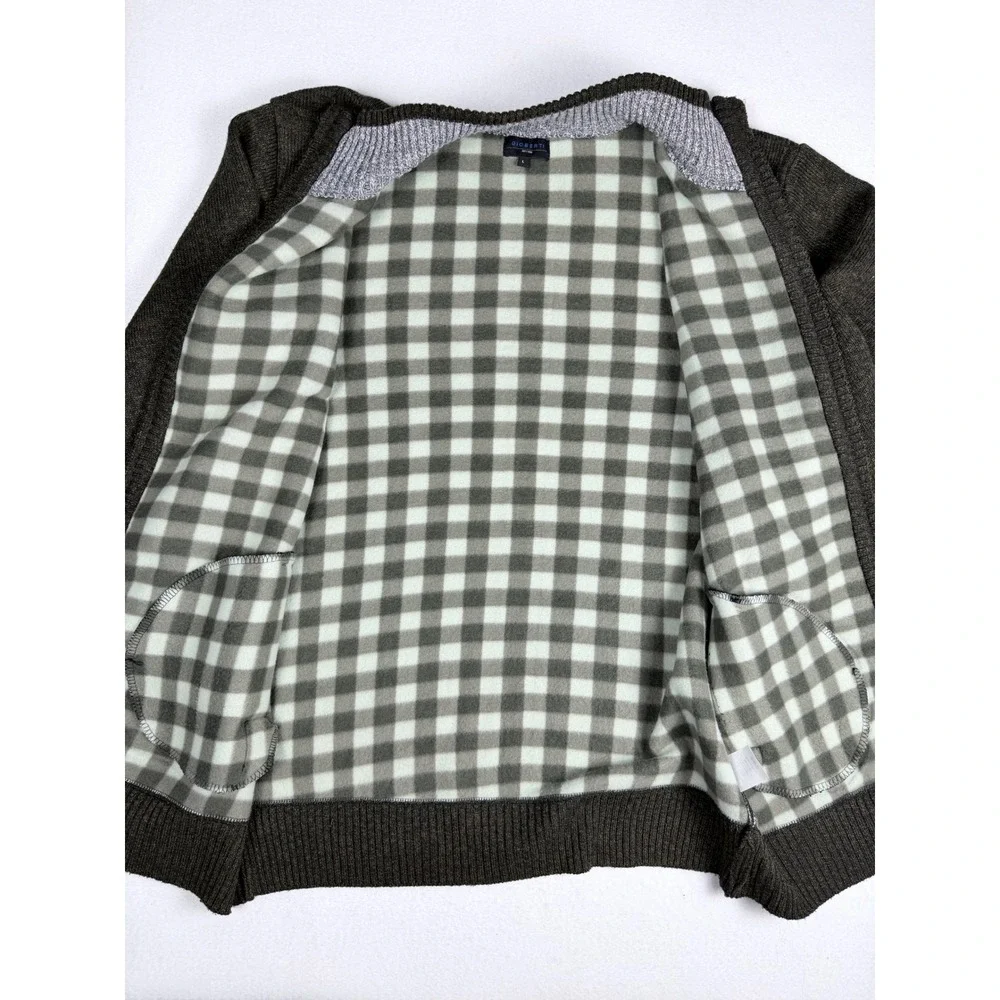 Gioberti Mens Full Zip Fleece Lined Cardigan Sweater Olive Green Windowpane L